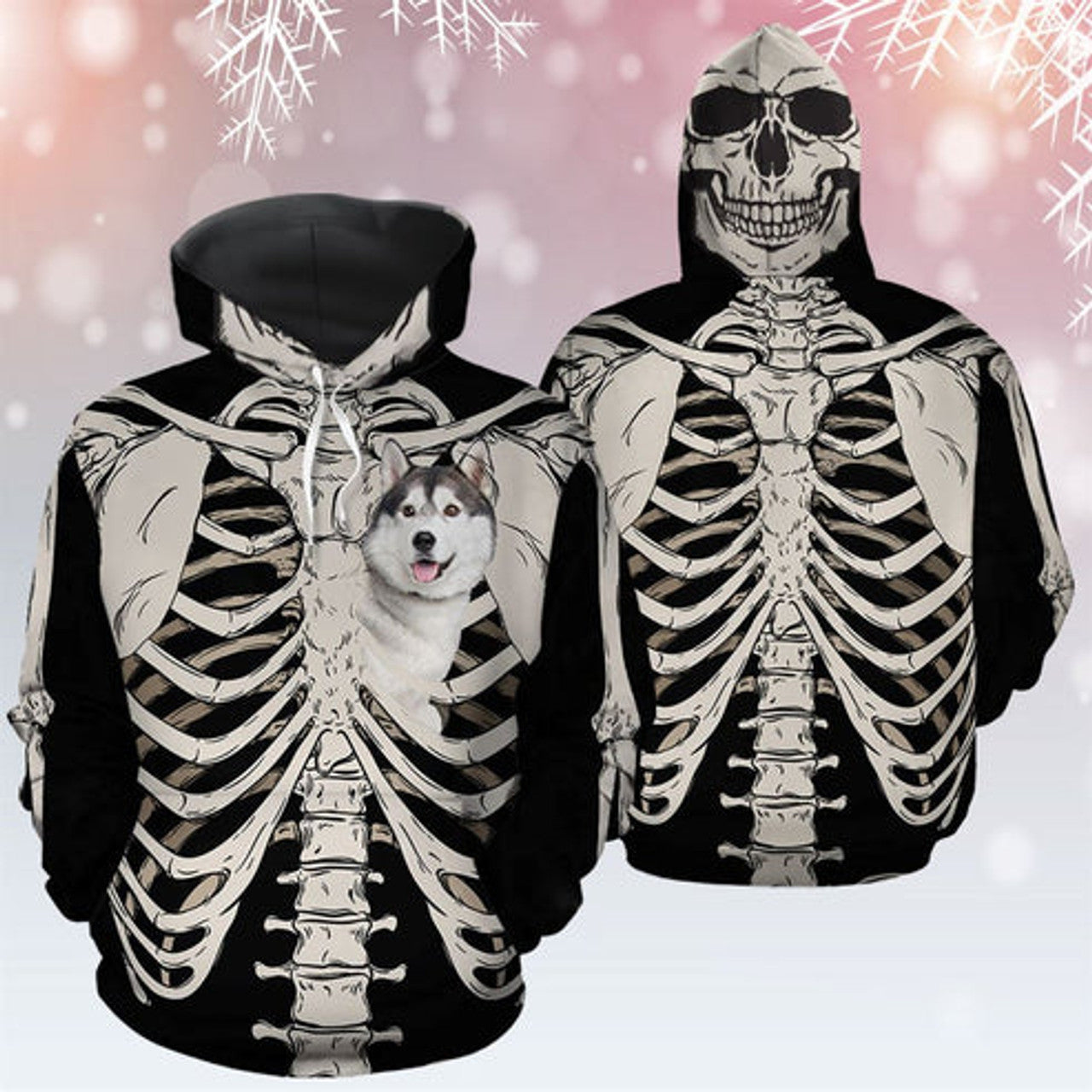 FUNSTUFFPRINT 3D Siberian Husky Skeleton All Over 3D Hoodie and Zip Hoodie