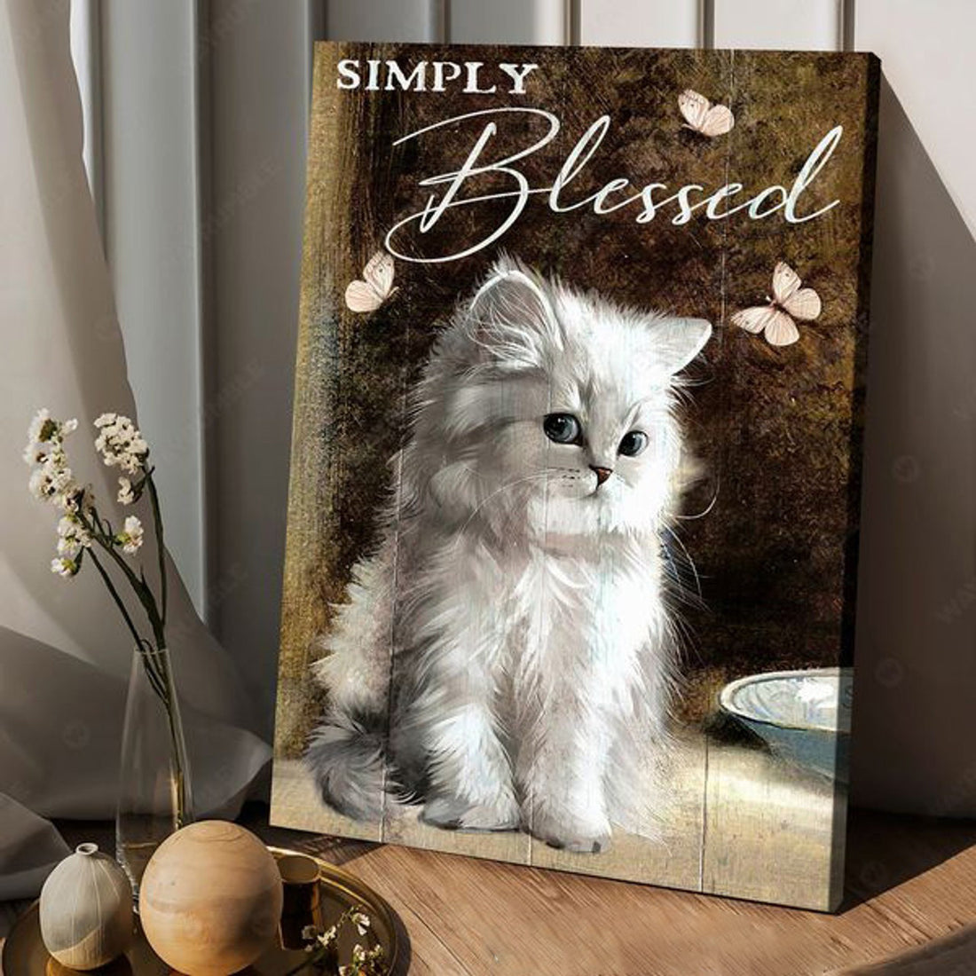 Simply Blessed, White Cat, Cat Lover, Butterfly Poster Poster and Canvas