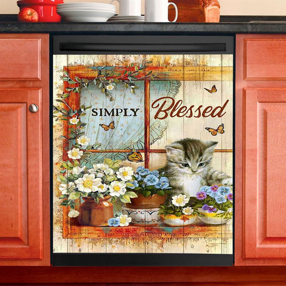 Simply Blessed Cat Butterfly Dishwasher Cover, Inspirational Dishwasher Wrap, Christian Kitchen Decoration