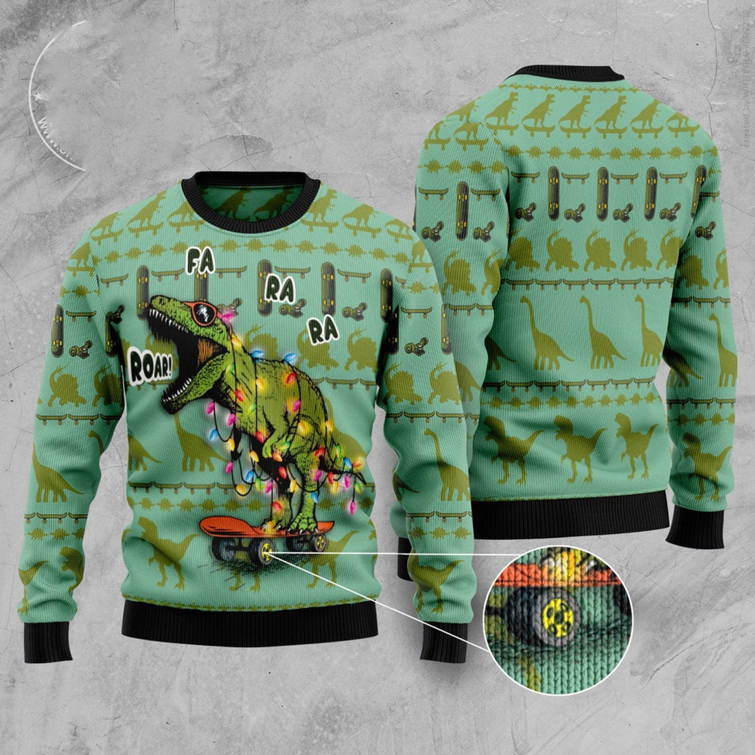 FUNSTUFFPRINT Skateboard Dinosaur Ugly Christmas Sweater, Christmas Sweater, Ugly Sweater, Funny Xmas Sweaters Ugly Sweater