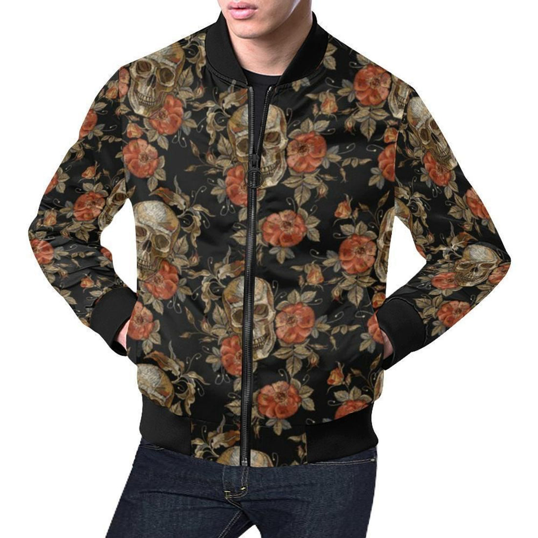 FUNSTUFFPRINT Skeleton Sugar Skull Girly Floral Rose Pattern Print Mens 3D Bomber Jacket