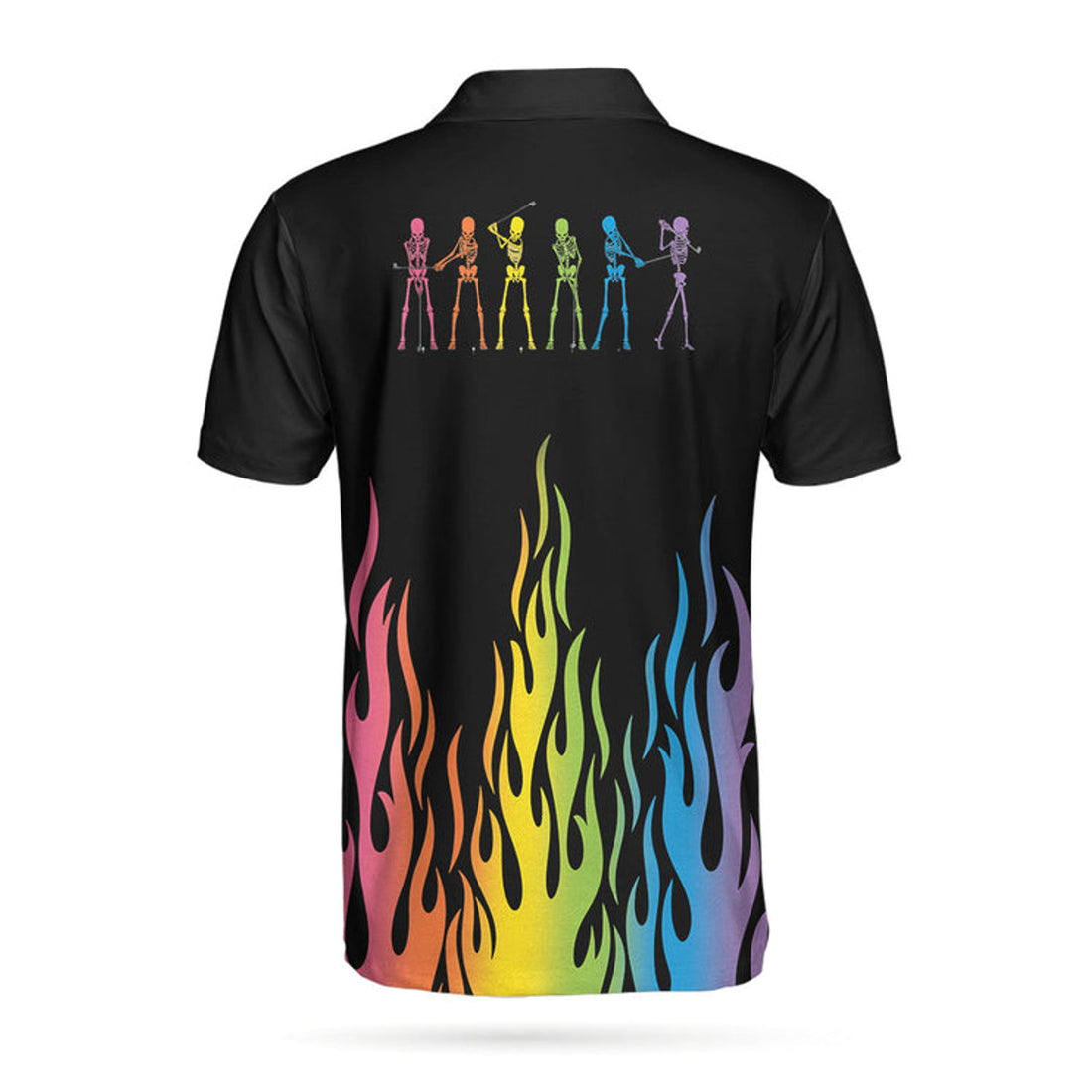 Skeleton Playing Golf Polo Shirt, Rainbow Pallette Fire Golfing Polo Shirt, Cool Golf Shirt For Men