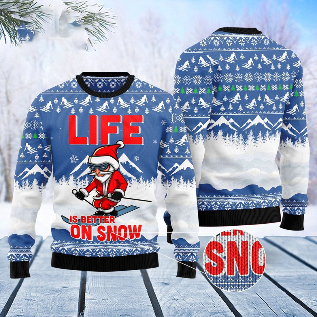 FUNSTUFFPRINT Skiing Life Is Better On Snow Ugly Christmas Sweater, Christmas Sweater, Ugly Sweater, Funny Xmas Sweaters Ugly Sweater