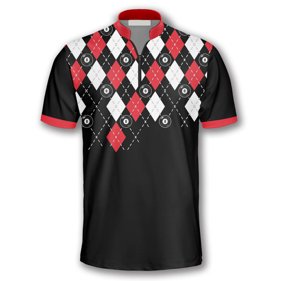 Custom Zipper Polo Shirt Skull Red Argyle Pattern Custom Billiard Jerseys for Men, Billiard Shirt, Skull Zipper Polo Shirt