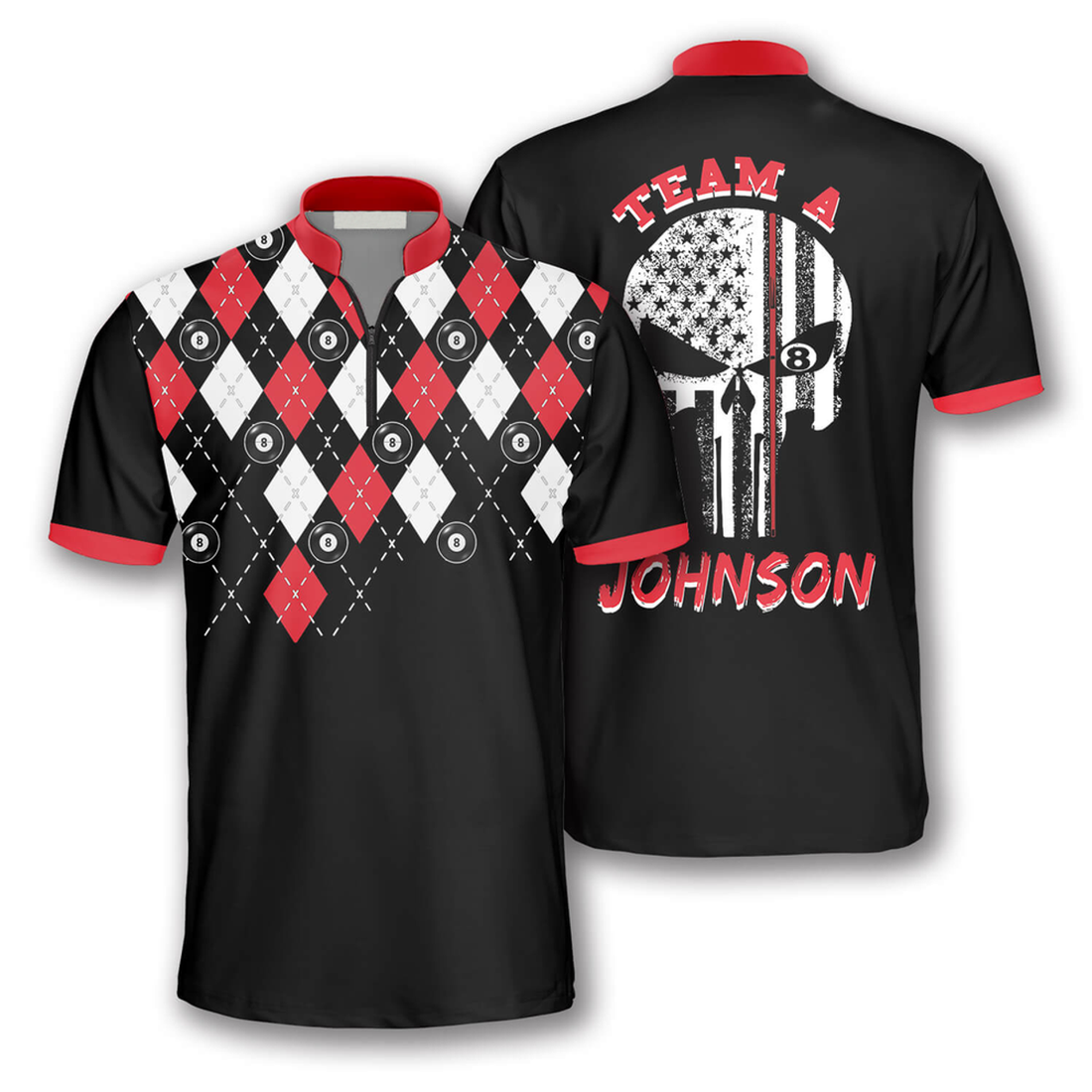 Custom Zipper Polo Shirt Skull Red Argyle Pattern Custom Billiard Jerseys for Men, Billiard Shirt, Skull Zipper Polo Shirt