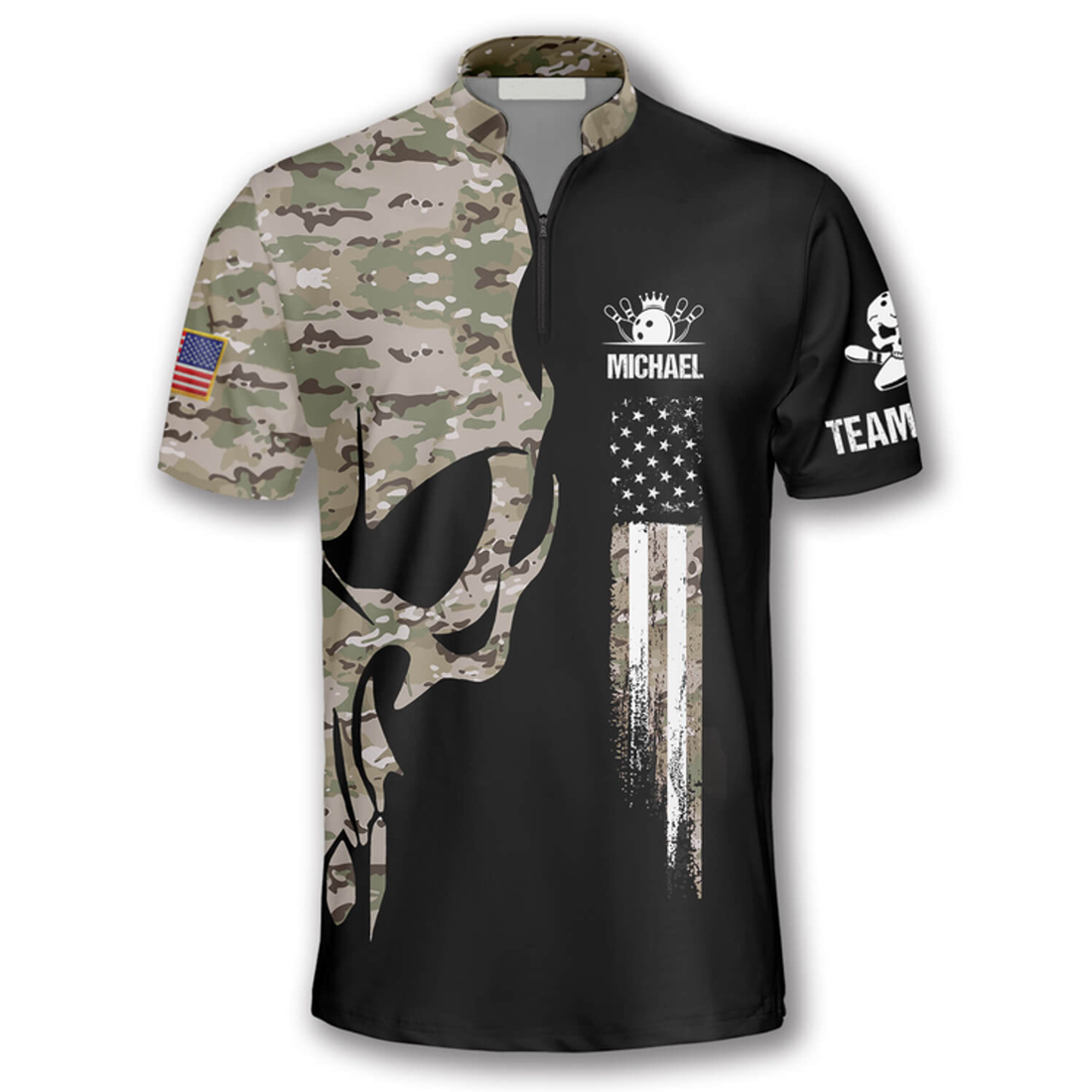 Custom Skull Camouflage Custom Bowling Jerseys for Men, Zipper Polo Shirt Bowling Shirt, Skull Zipper Polo Shirt for Bowler