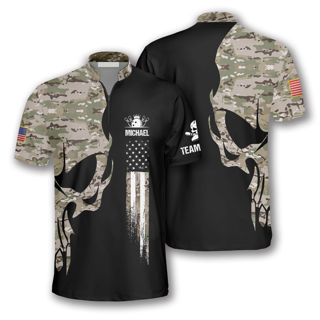 Custom Skull Camouflage Custom Bowling Jerseys for Men, Zipper Polo Shirt Bowling Shirt, Skull Zipper Polo Shirt for Bowler