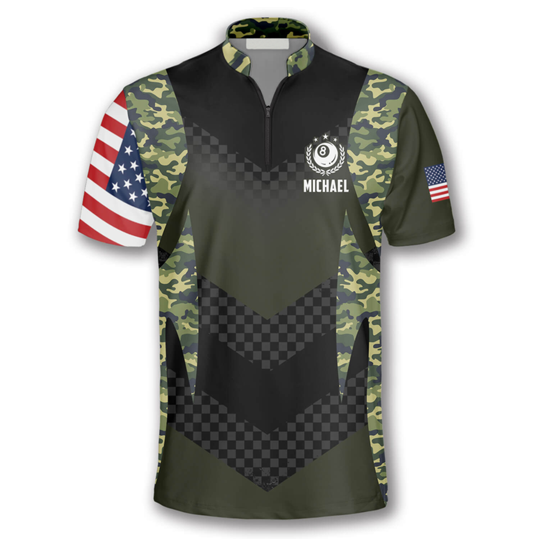Custom Skull Camouflage Flag Custom Billiard Jerseys for Men, Zipper Polo Shirt Billiard Team Shirt