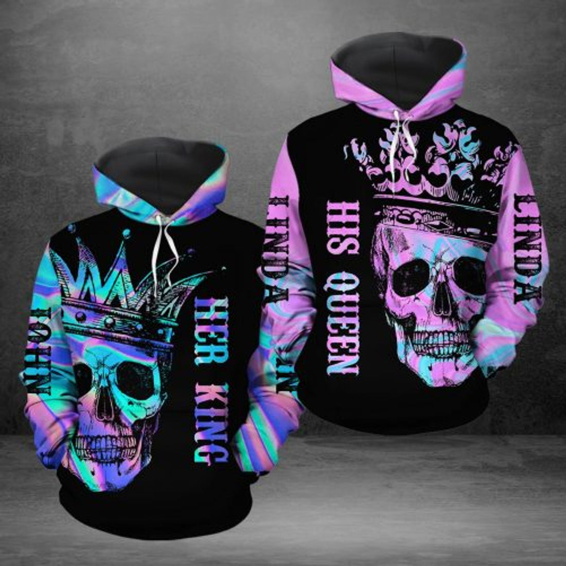 FUNSTUFFPRINT Personalized Matching Couple 3D Hoodie Skull King And Queen 3D Hoodie and Zip Hoodie