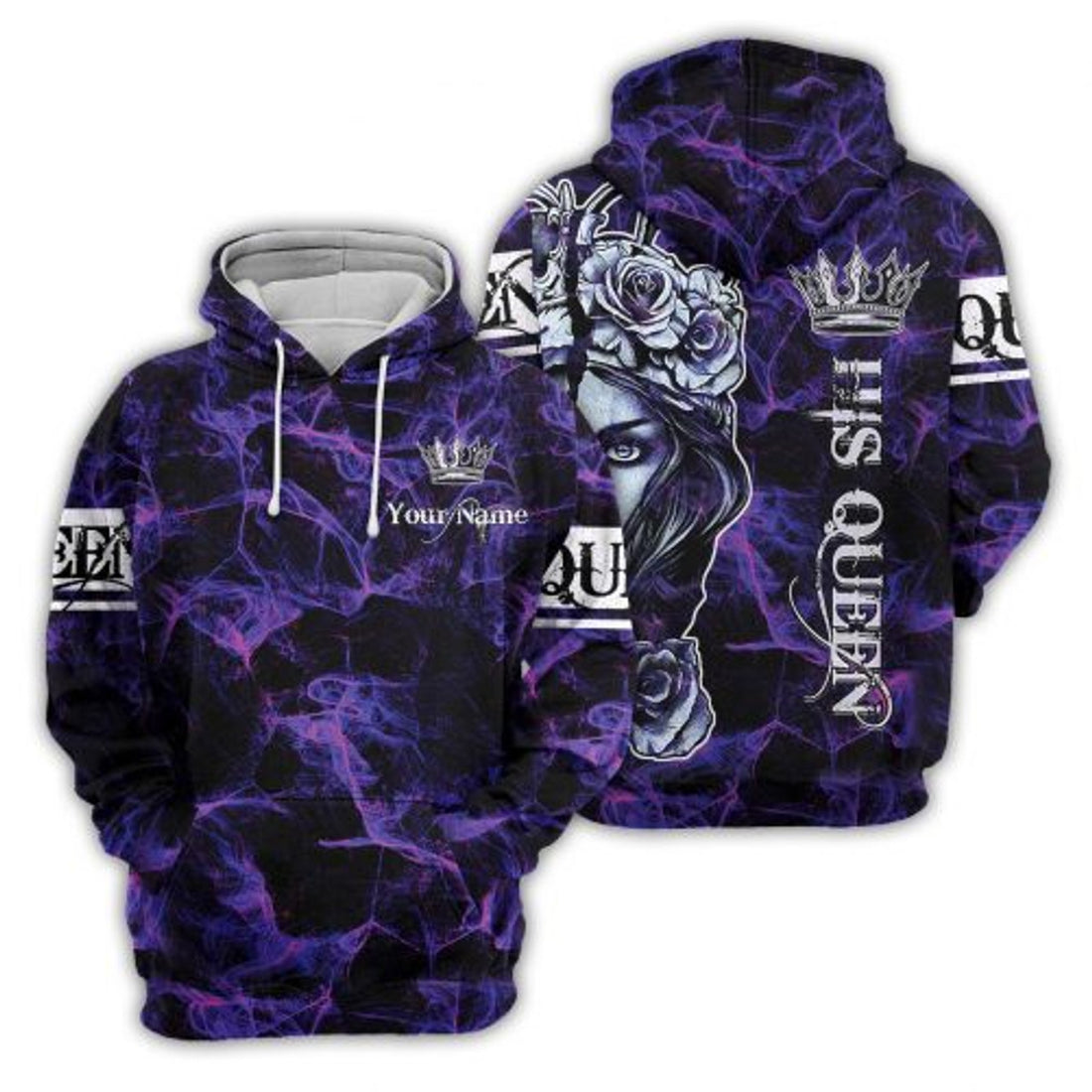 FUNSTUFFPRINT Skull Couple Personalized 3D All Over Hoodie His Queen Her King 3D Hoodie and Zip Hoodie