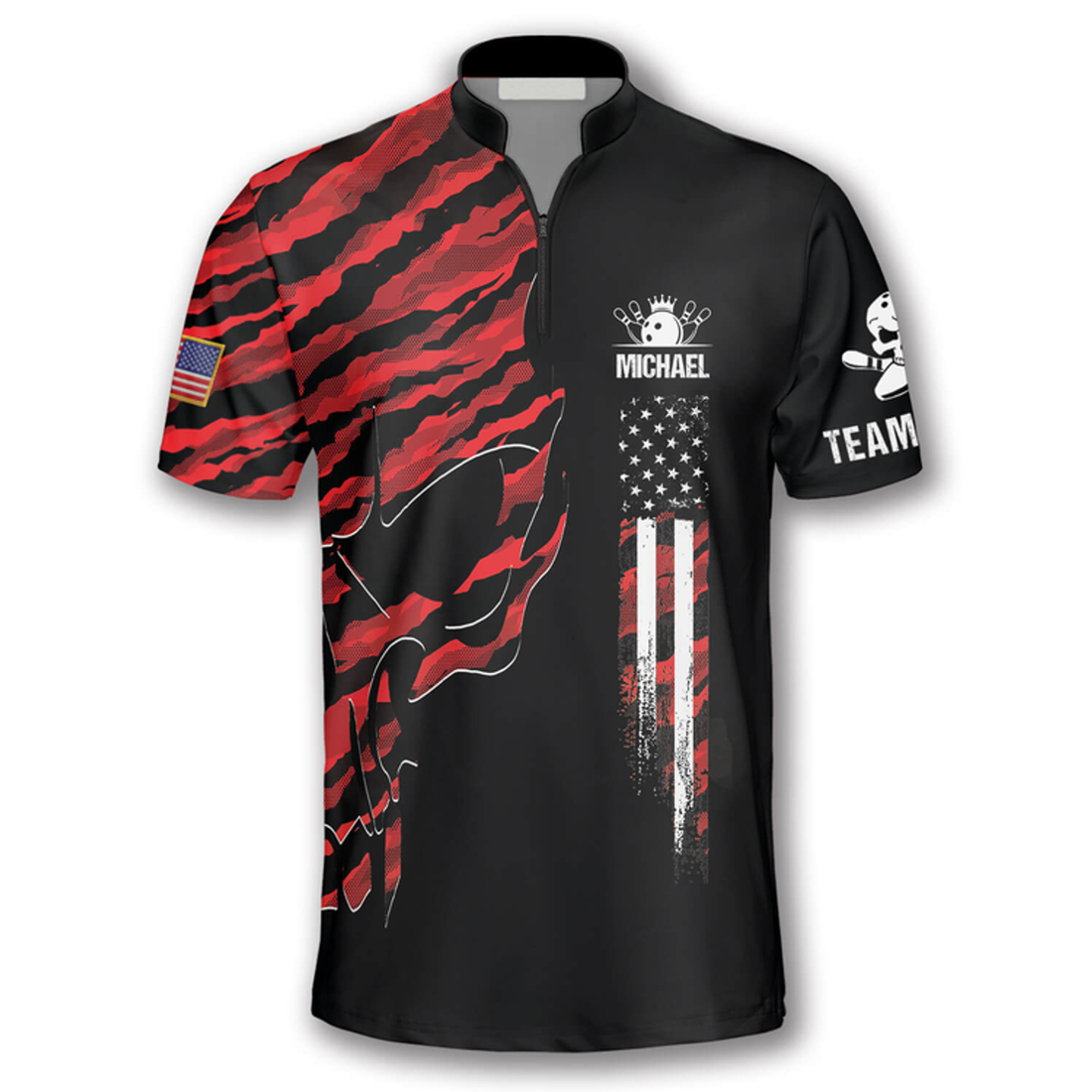 Custom Skull Red Camouflage Custom Bowling Jerseys for Men, Zipper Polo Shirt Bowling Shirt, Skull Zipper Polo Shirt