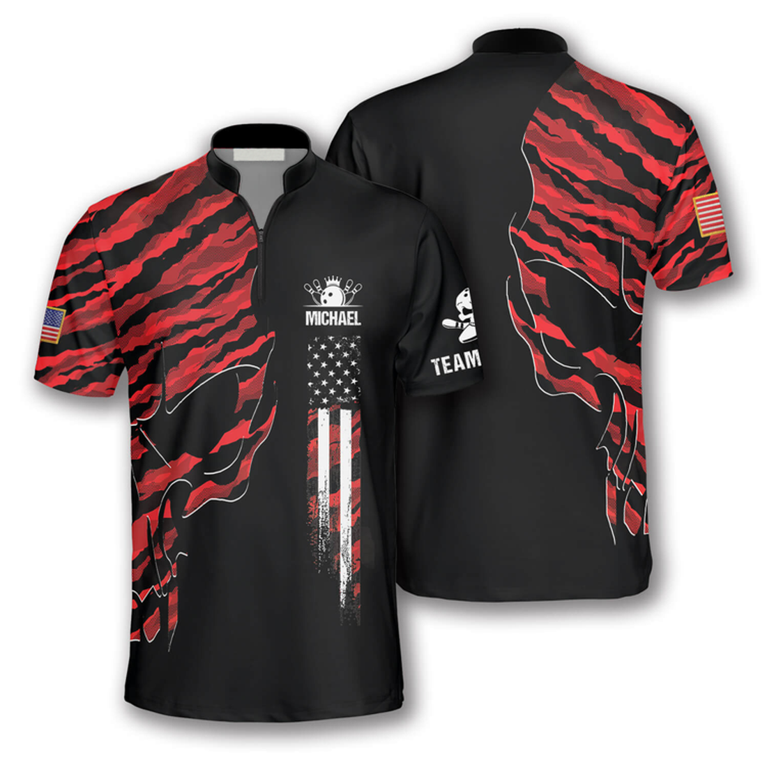 Custom Skull Red Camouflage Custom Bowling Jerseys for Men, Zipper Polo Shirt Bowling Shirt, Skull Zipper Polo Shirt