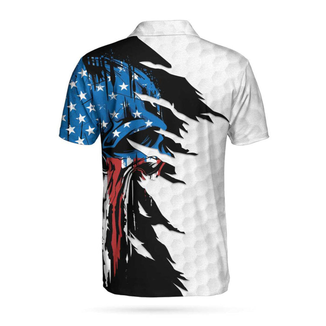 Skull American Ripped Golf Polo Shirt, White American Flag Polo Shirt, Patriotic Golf Shirt For Men