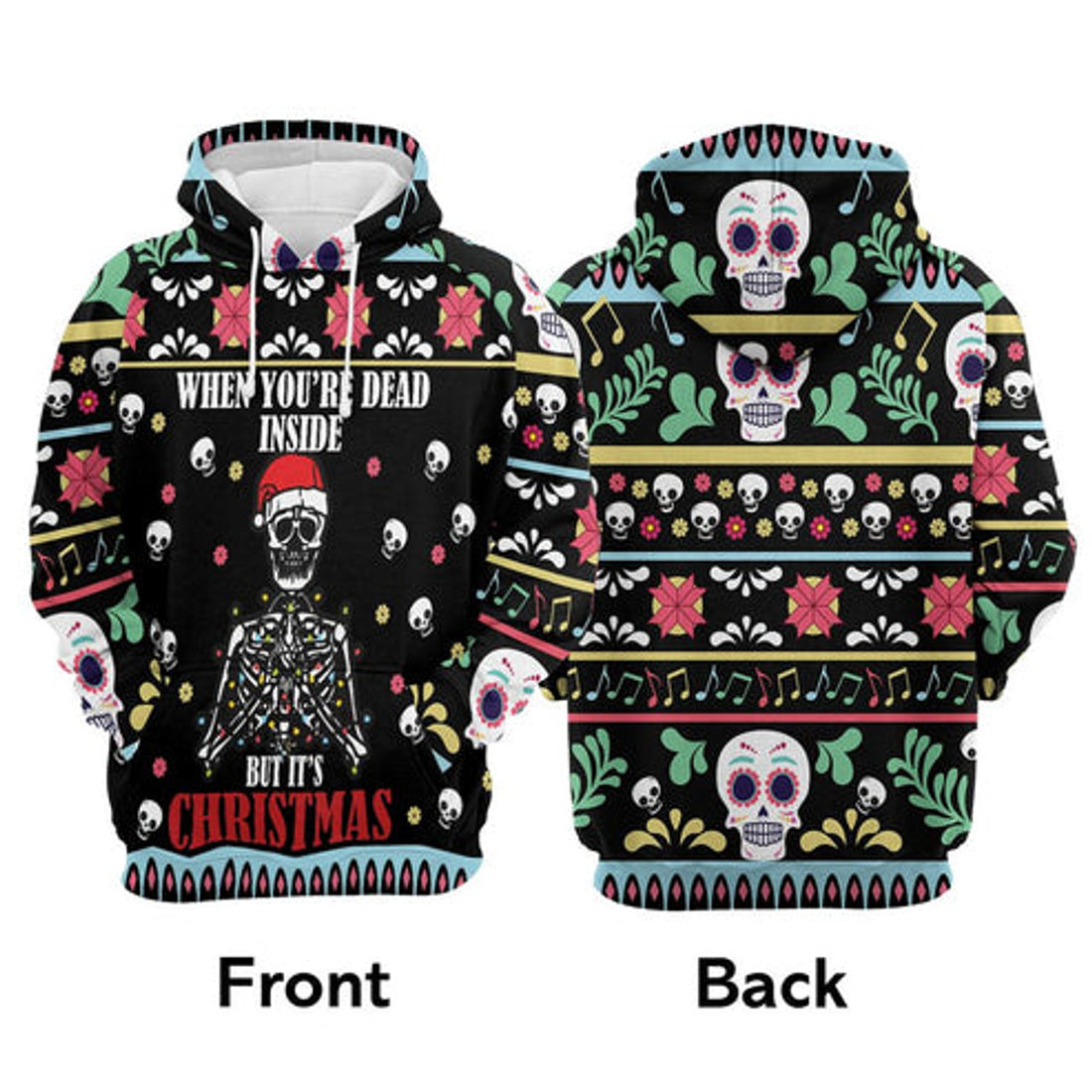 FUNSTUFFPRINT 3D Skull Christmas Dead Inside All Over 3D Hoodie and Zip Hoodie