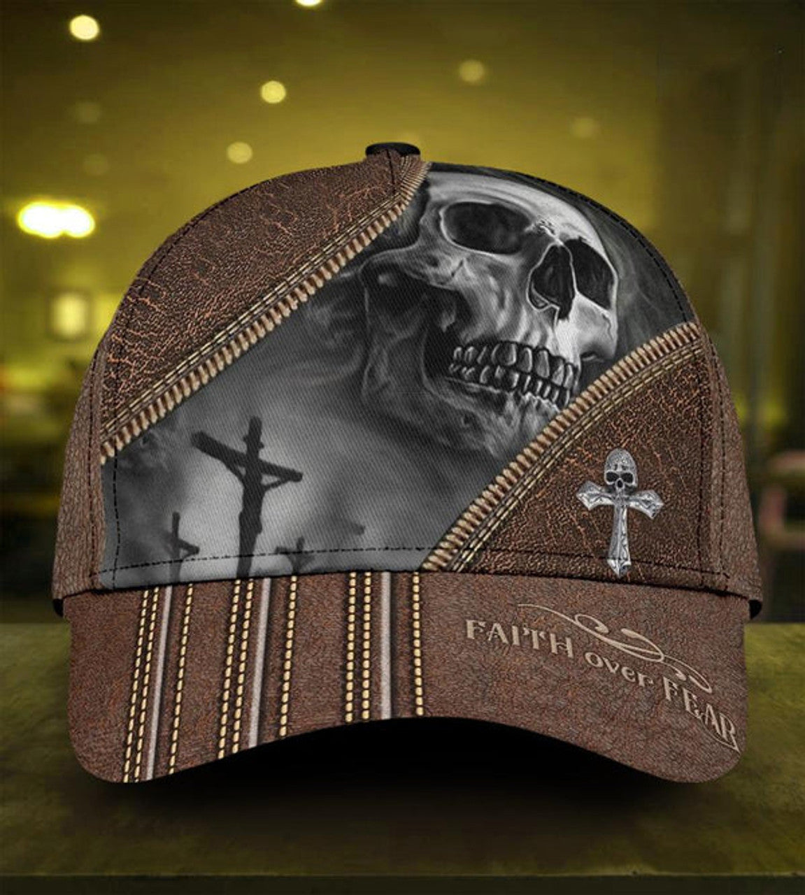 FUNSTUFFPRINT Skull Faith Over Fear Classic Cap - 3D Full Print Skull Cap Hat Leather Pattern