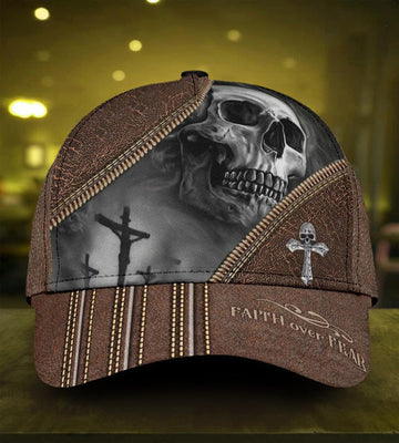 FUNSTUFFPRINT Skull Faith Over Fear Classic Cap - 3D Full Print Skull Cap Hat Leather Pattern