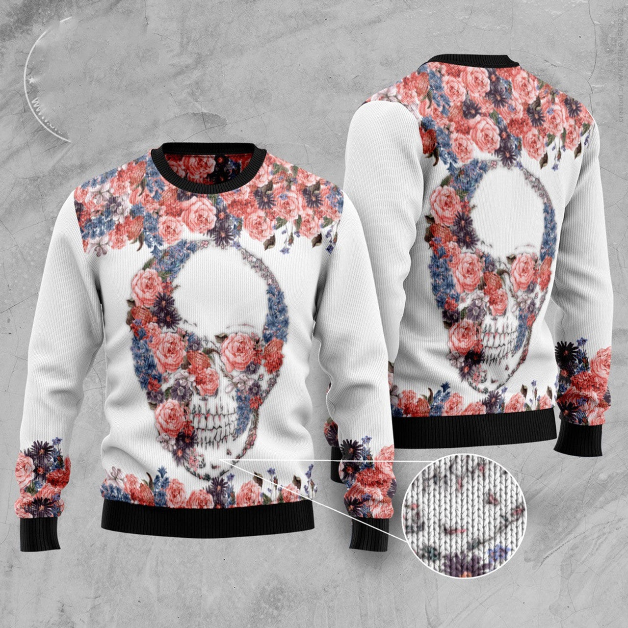 FUNSTUFFPRINT Skull Flowers Ugly Christmas Sweater, Christmas Sweater, Ugly Sweater, Funny Xmas Sweaters Ugly Sweater