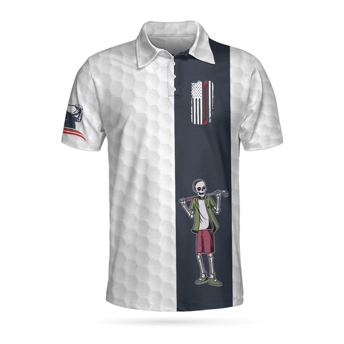 Youngster Skeleton Golf Lover American Flag Polo Shirt, White American Flag Golf Shirt For Men