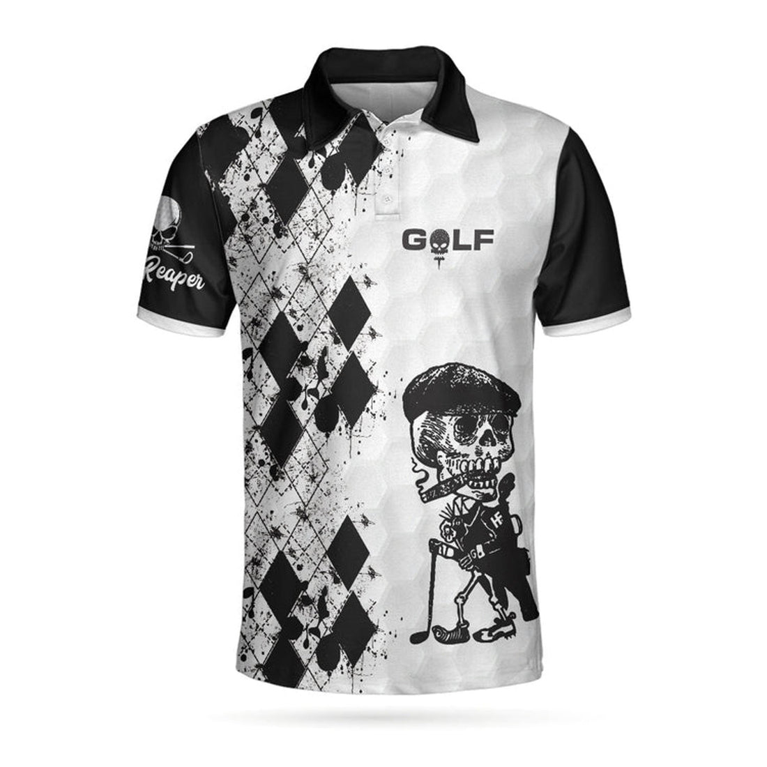 Skull Golf Reaper Polo Shirt, Black And White Argyle Pattern Polo Shirt, Best Golf Shirt For Men