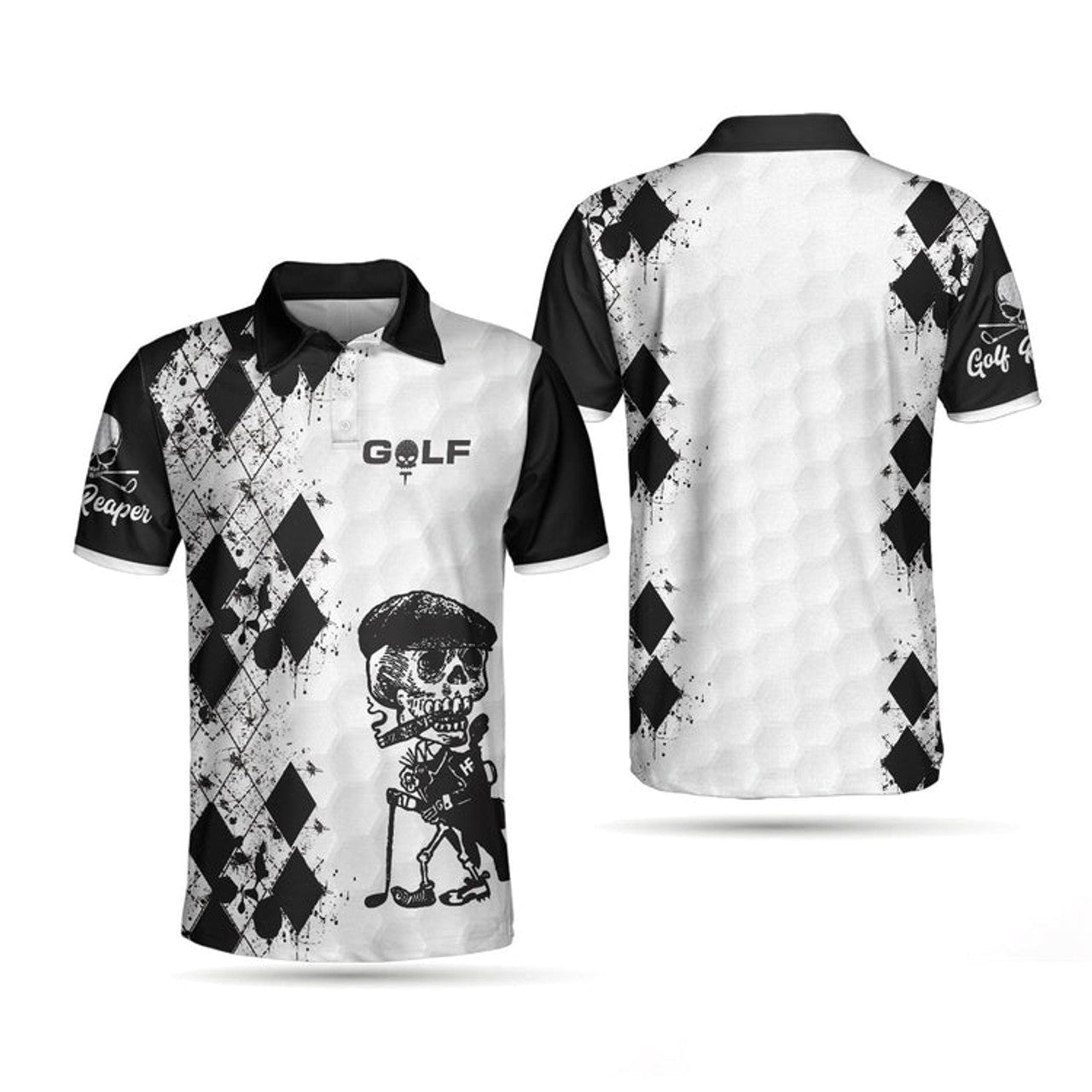 Skull Golf Reaper Polo Shirt, Black And White Argyle Pattern Polo Shirt, Best Golf Shirt For Men