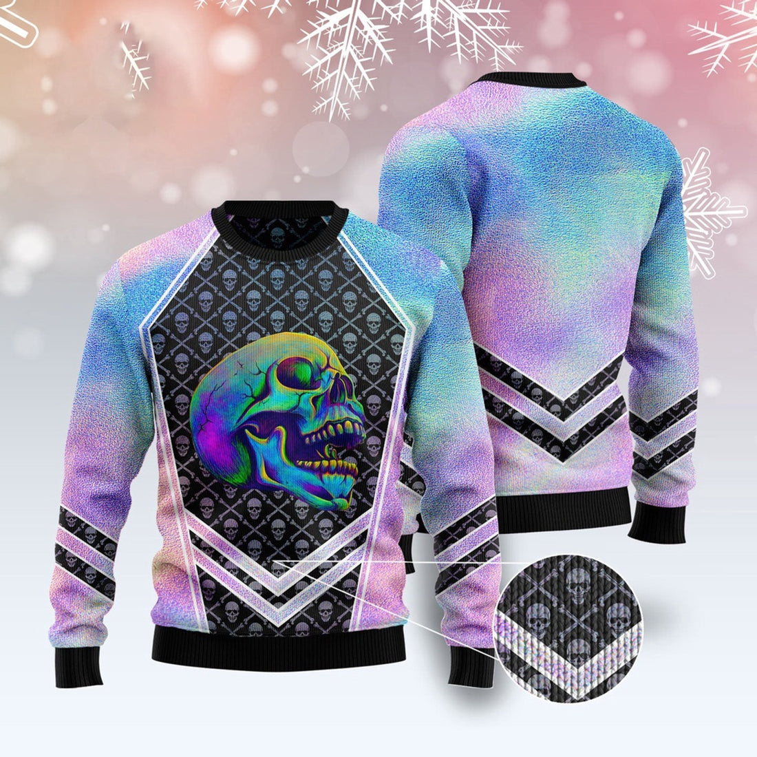FUNSTUFFPRINT Skull Hologram Ugly Christmas Sweater, Christmas Sweater, Ugly Sweater, Funny Xmas Sweaters Ugly Sweater