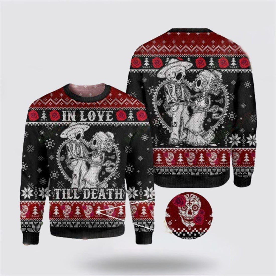 FUNSTUFFPRINT Skull In Love Till Death Ugly Sweater Spooky Romance For A Bold Fashion Statement - Christmas Gifts For Frends Ugly Sweater