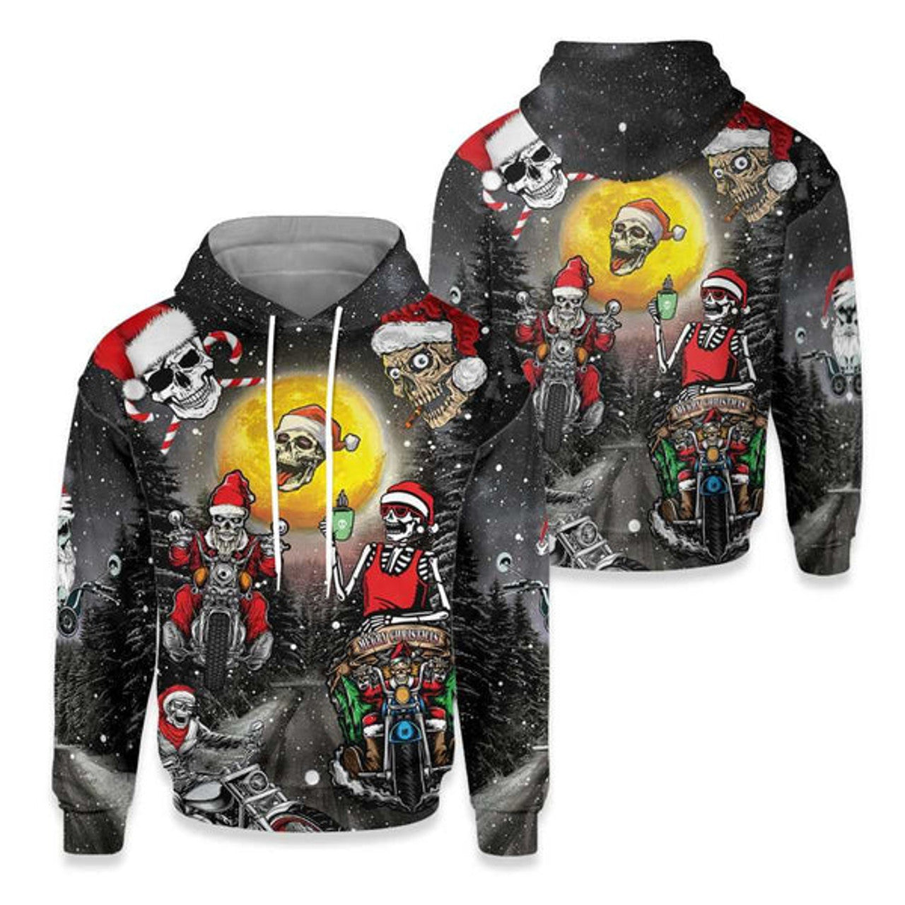 FUNSTUFFPRINT 3D Skull Santa Motorcycle Merry Christmas All Over 3D Hoodie and Zip Hoodie