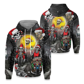 FUNSTUFFPRINT 3D Skull Santa Motorcycle Merry Christmas All Over 3D Hoodie and Zip Hoodie