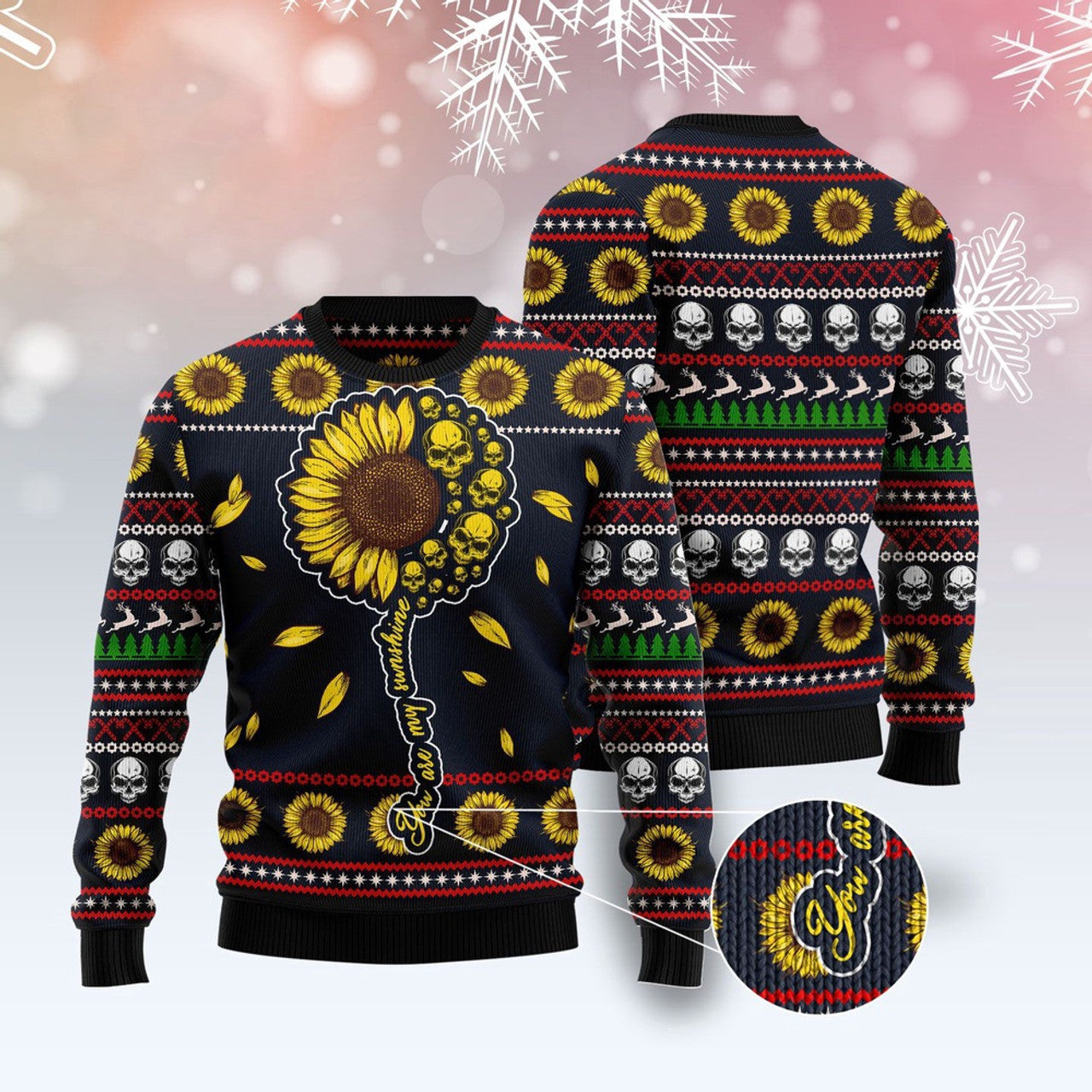 FUNSTUFFPRINT Skull Sunflower Ugly Christmas Sweater, Christmas Sweater, Ugly Sweater, Funny Xmas Sweaters Ugly Sweater