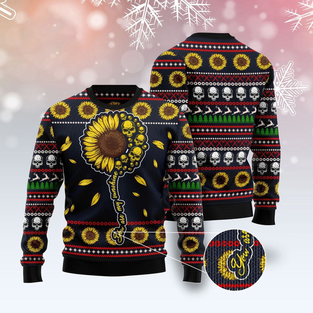 FUNSTUFFPRINT Skull Sunflower Ugly Christmas Sweater, Christmas Sweater, Ugly Sweater, Funny Xmas Sweaters Ugly Sweater