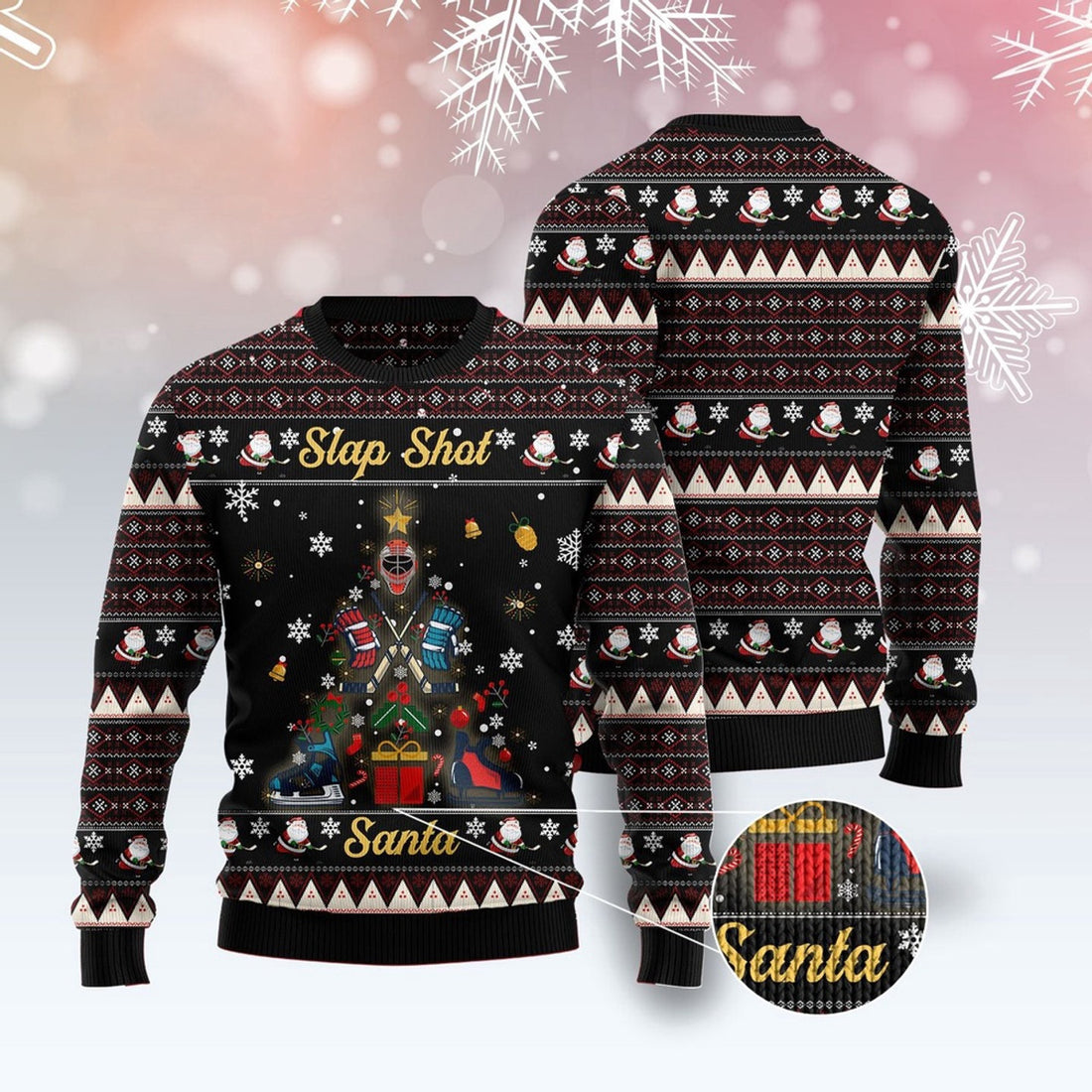 FUNSTUFFPRINT Slap Shot Santa Christmas Ugly Christmas Sweater, Christmas Sweater, Ugly Sweater, Funny Xmas Sweaters Ugly Sweater