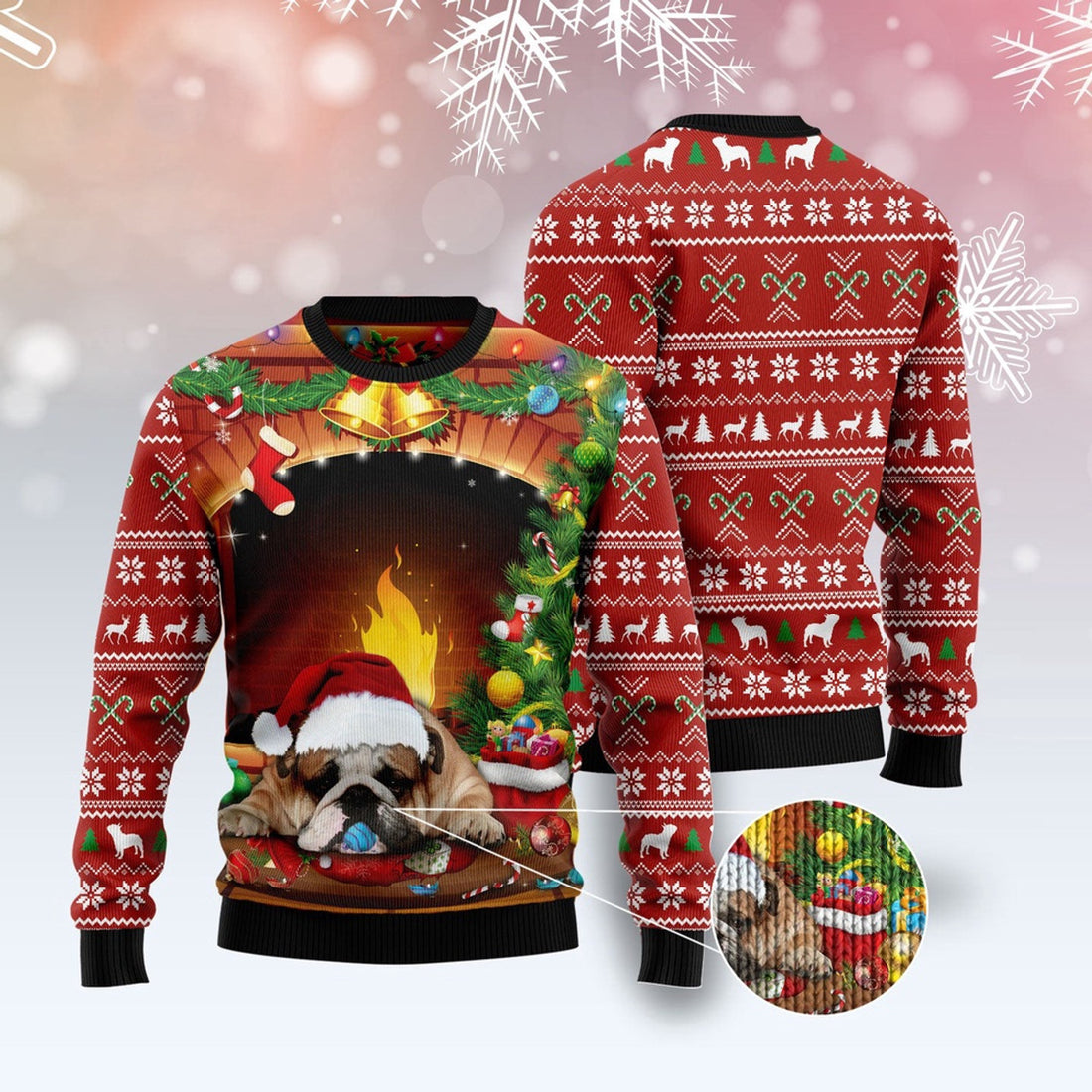 FUNSTUFFPRINT Sleeping Bulldog Christmas Ugly Christmas Sweater, Dog Ugly Christmas Sweater, Ugly Dog Sweaters Ugly  Sweater