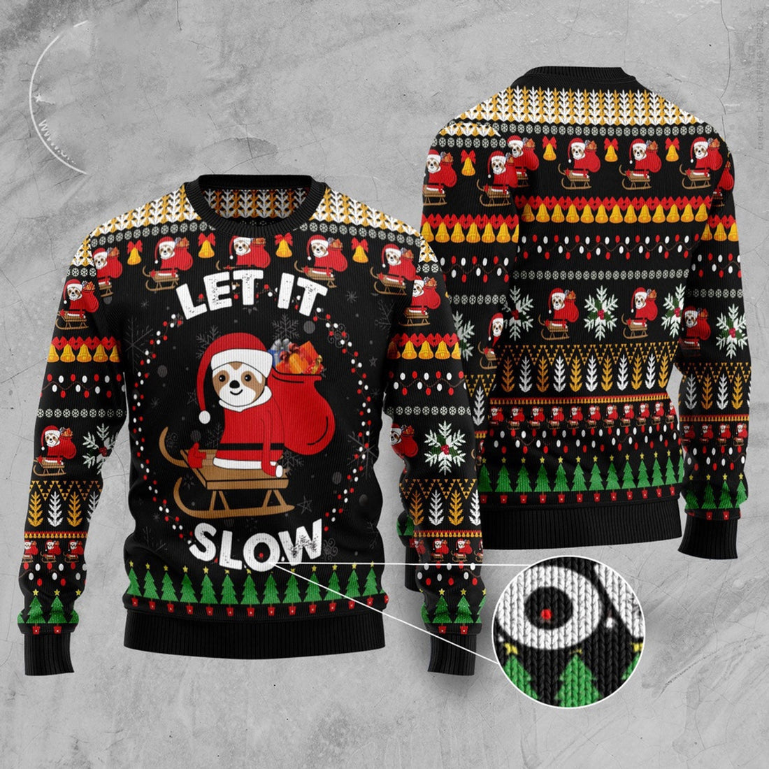 FUNSTUFFPRINT Sloth Let It Slow Ugly Christmas Sweater, Christmas Sweater, Ugly Sweater, Funny Xmas Sweaters Ugly Sweater