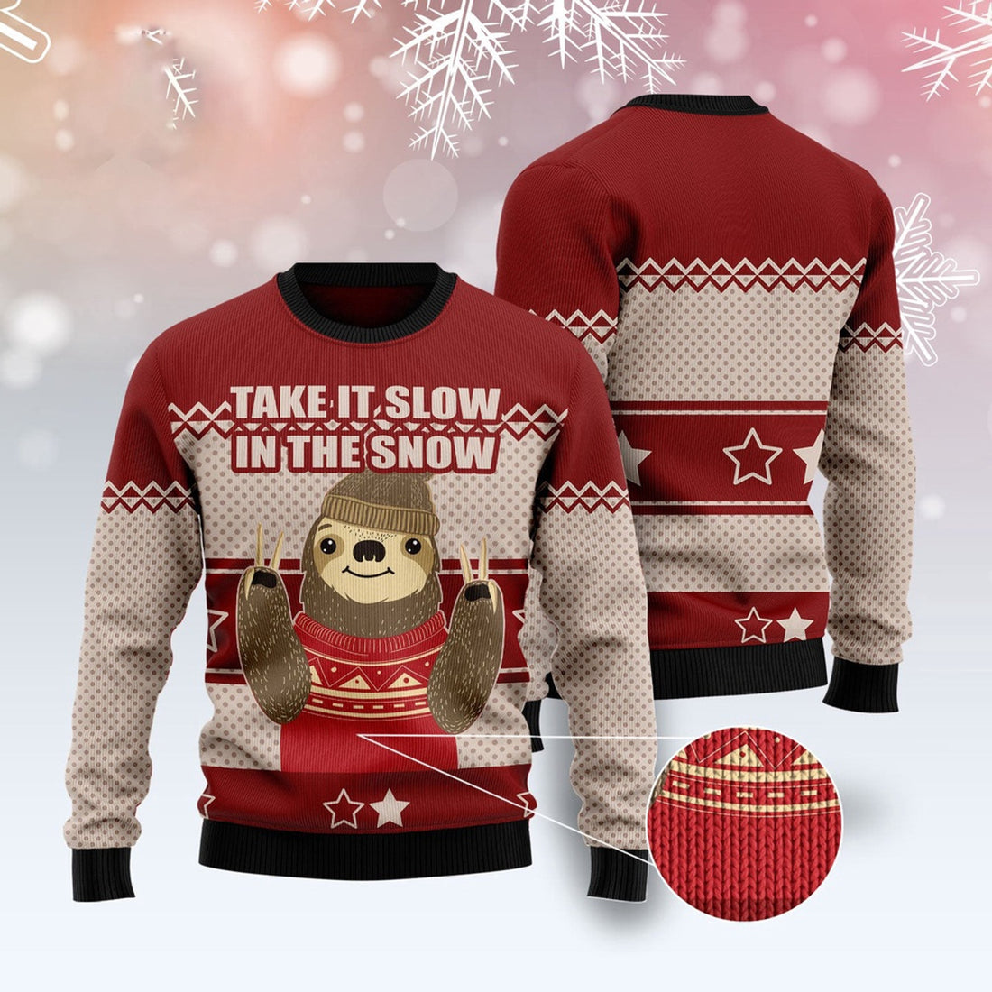 FUNSTUFFPRINT Sloth Take It Slow Ugly Christmas Sweater, Christmas Sweater, Ugly Sweater, Funny Xmas Sweaters Ugly Sweater