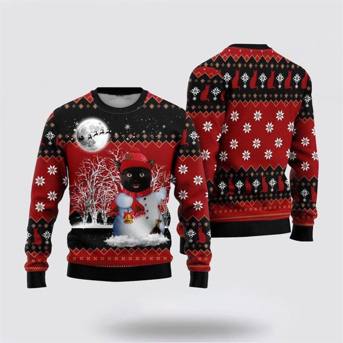 FUNSTUFFPRINT Snowman Black Cat Ugly Christmas Sweater For Men And Women, Best Gift For Christmas, Christmas Fashion Winter Ugly  Sweater