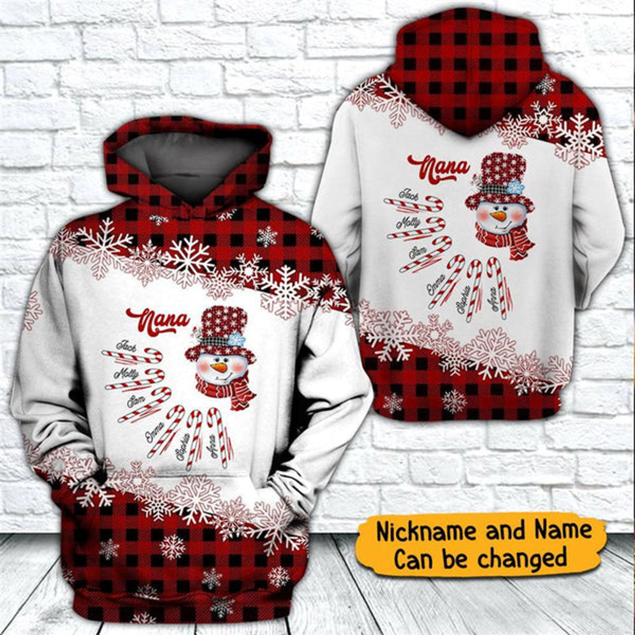 FUNSTUFFPRINT 3D Snowman Grandma Candy Cane Christmas All Over 3D Hoodie and Zip Hoodie