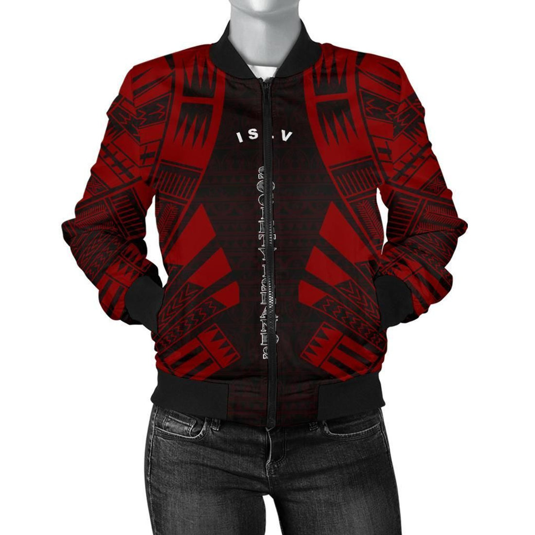 FUNSTUFFPRINT Society Islands Women Bomber Jacket - Polynesian Tattoo Red 3D Bomber Jacket
