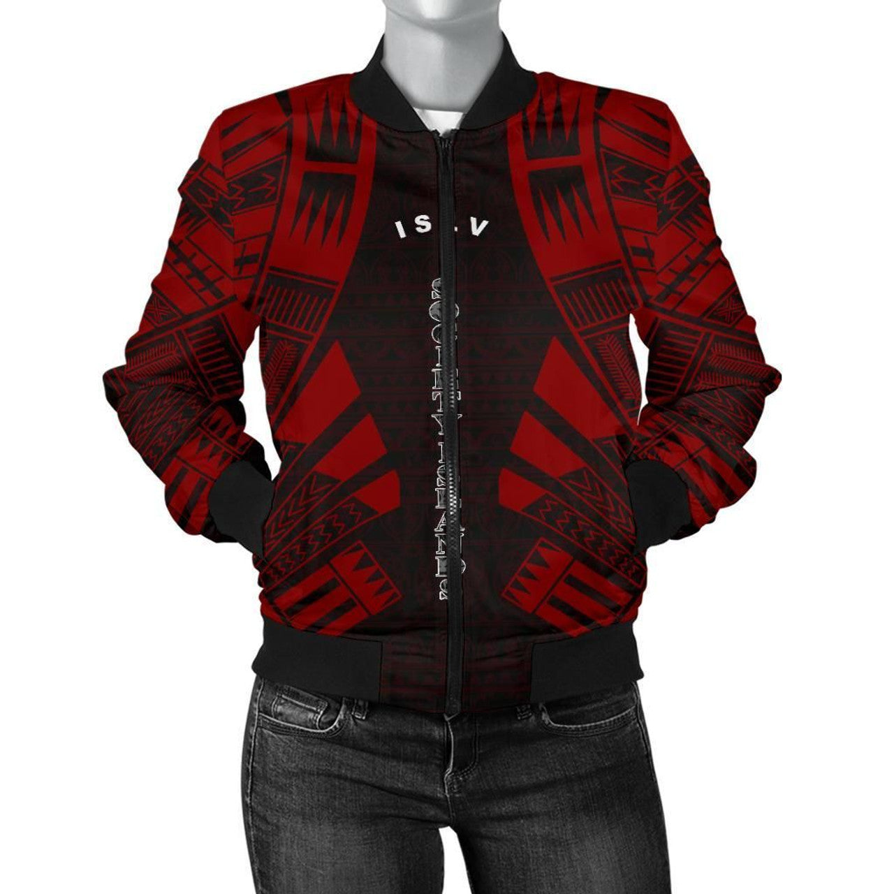 FUNSTUFFPRINT Society Islands Women Bomber Jacket - Polynesian Tattoo Red 3D Bomber Jacket