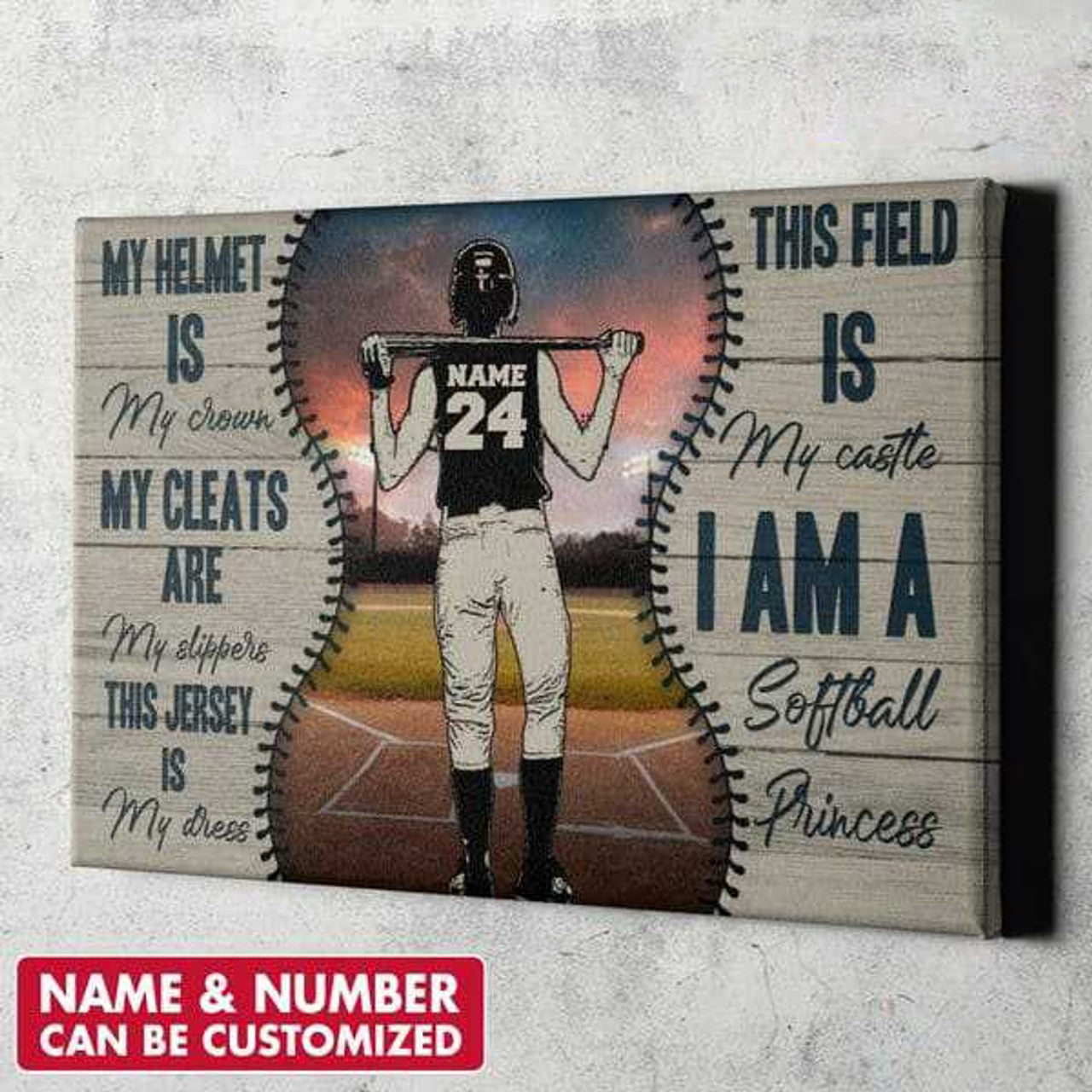 Custom Softball Poster, Softball Lover, My Helmet Is My Crown, My Cleats Are My Slippers Customized Personalized NAME/NUMBER Poster and Canvas