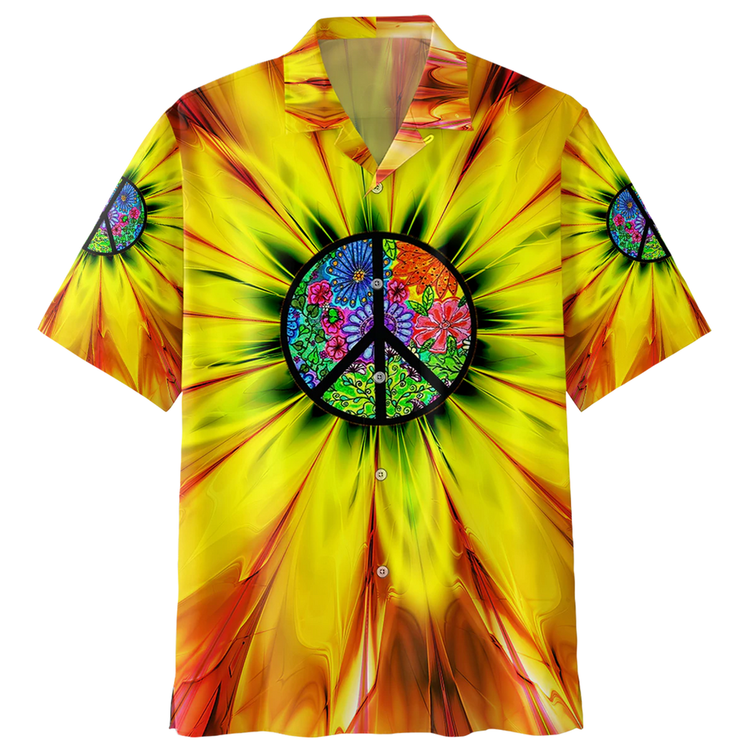 Spiritual Hippie Floral Pattern Peace Sign Tie Dye Trippy Hawaiian Shirt