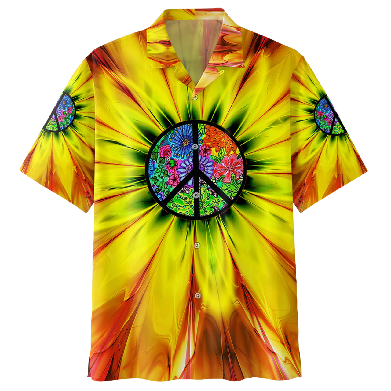 Spiritual Hippie Floral Pattern Peace Sign Tie Dye Trippy Hawaiian Shirt