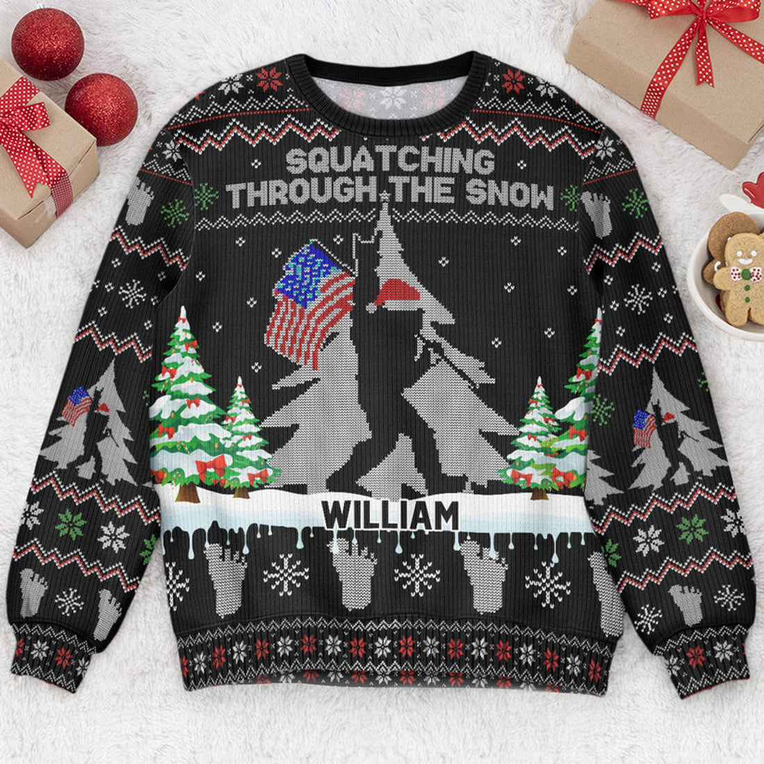 FUNSTUFFPRINT Custom Squatching Through The Snow American Bigfoot Ugly Sweater