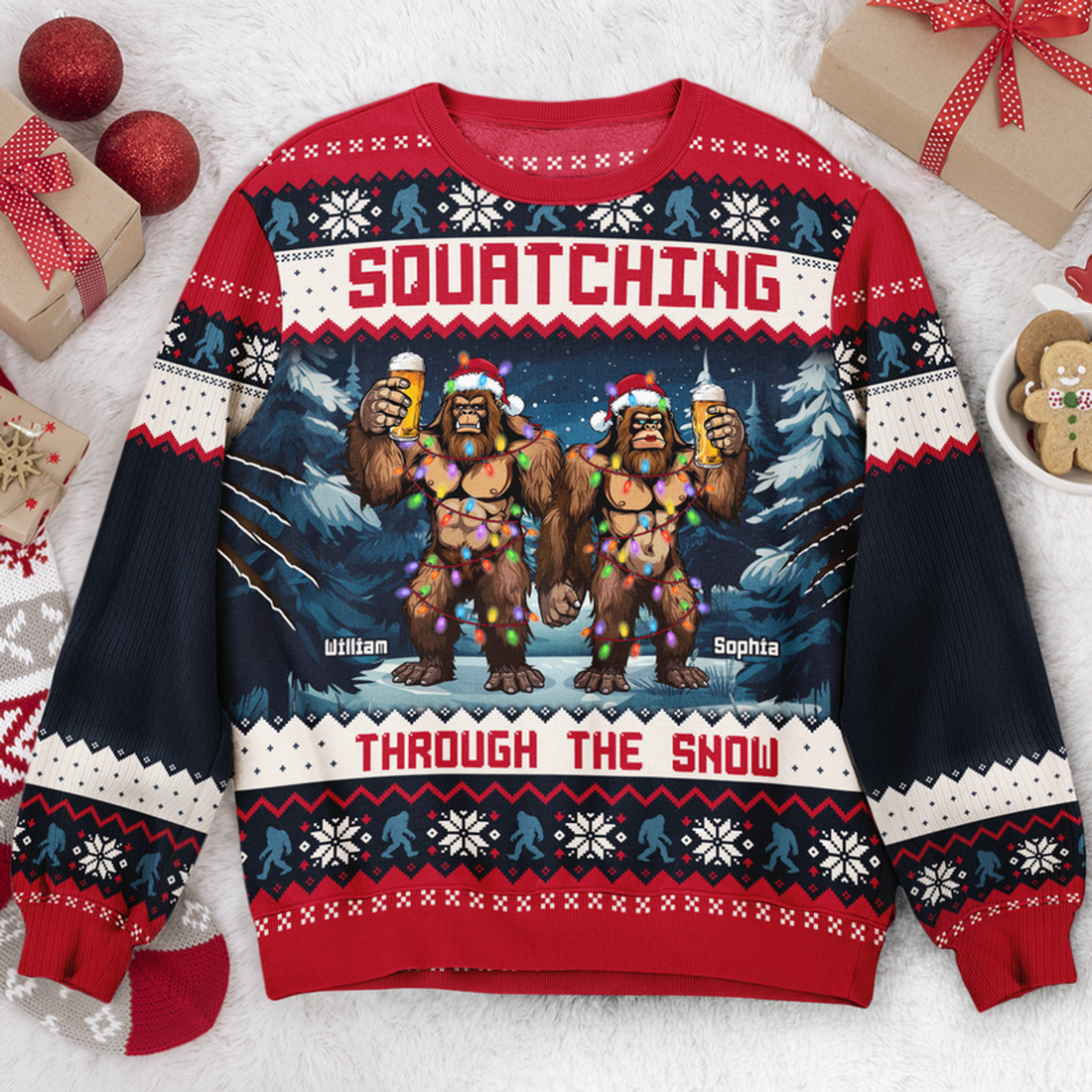 FUNSTUFFPRINT Custom Squatching Through The Snow Ugly Sweater