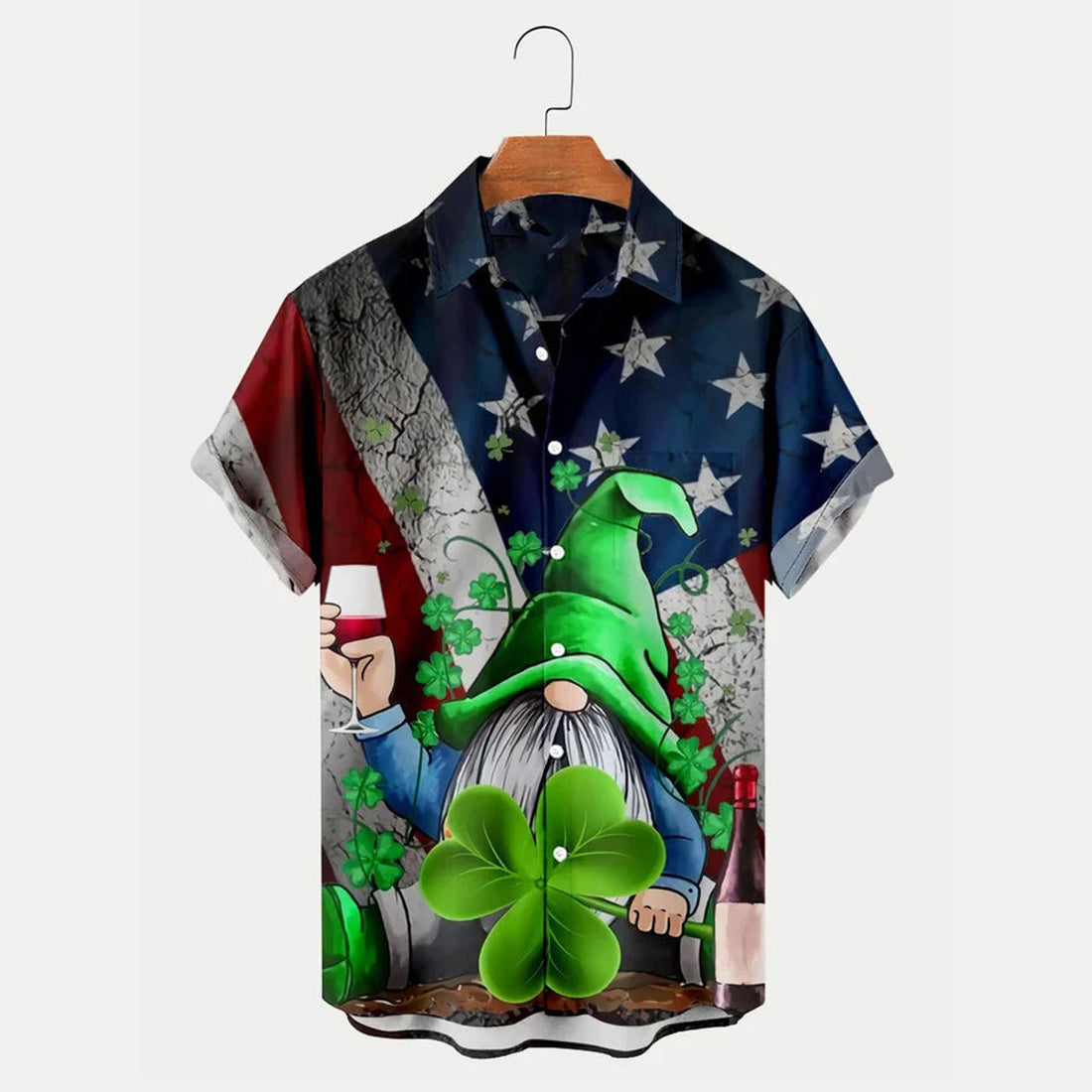 St. Patrick's Gnome Shamrock American Flag Print Men's Hawaiian Shirt