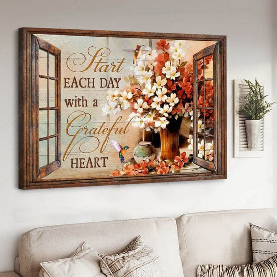 Start Each Day With A Grateful Heart, Hummingbird Poster, Window Decor Poster and Canvas