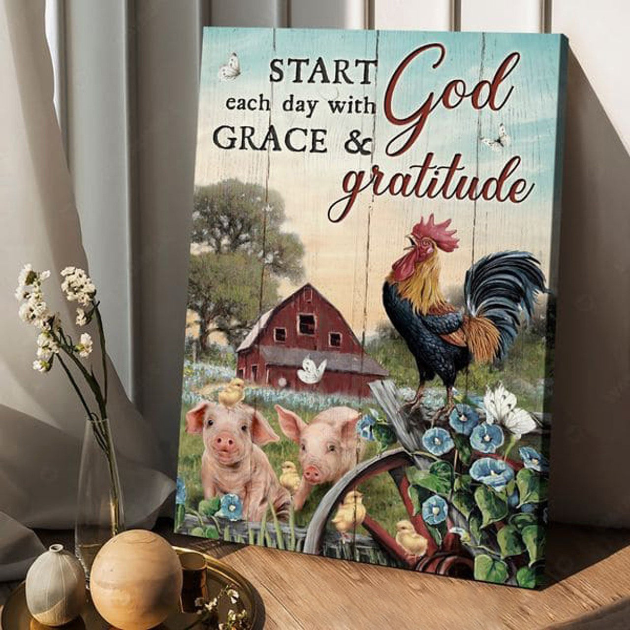 Start Each Day With God Grace And Gratitude, Farmer Poster, Cute Pig Poster and Canvas