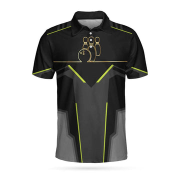 Strike Black And Golden Pattern Bowling Short Sleeve Polo Shirt, Digital Polo Shirt, Best Bowling Shirt For Men
