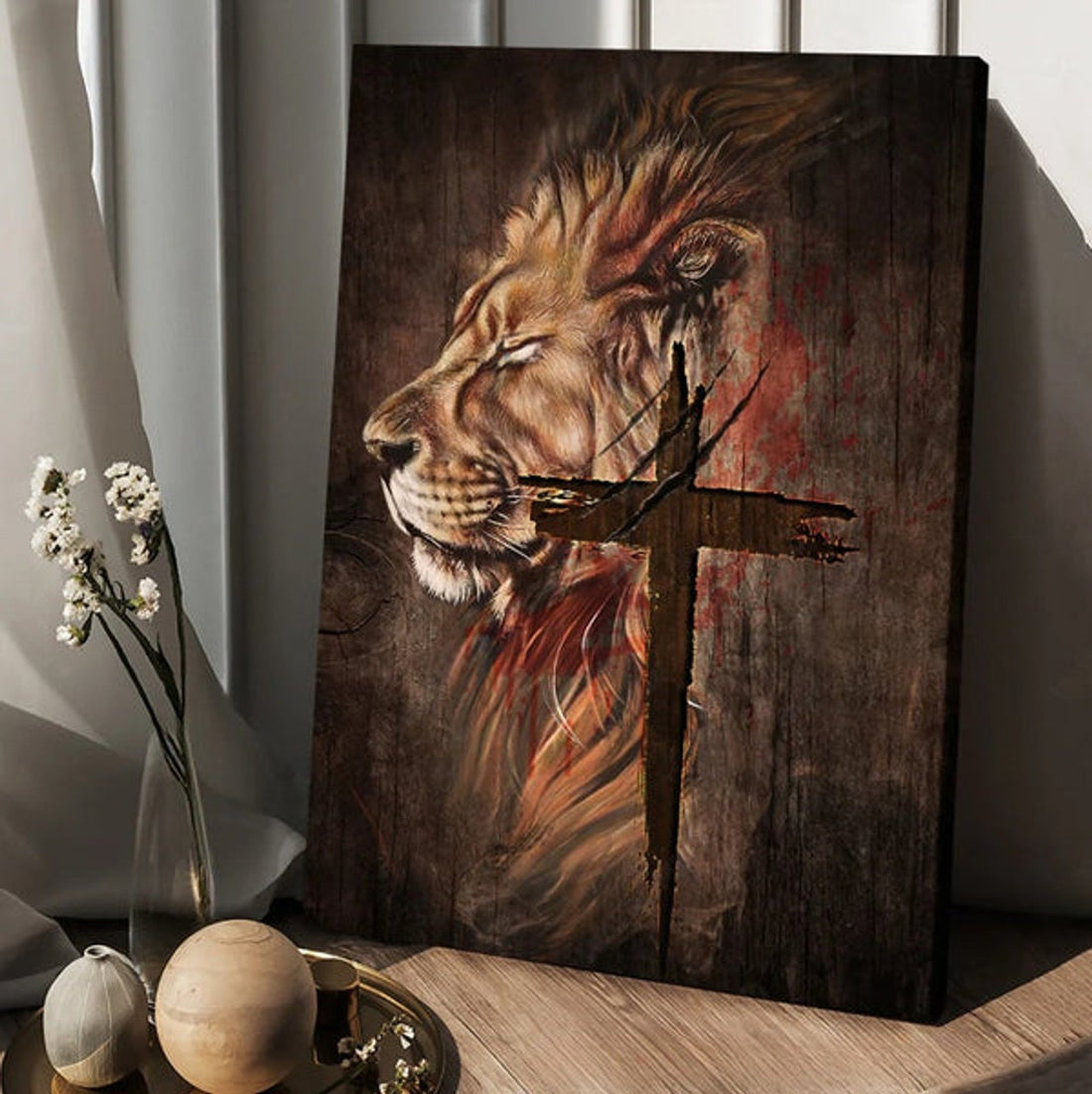 Stunning Lion Face Antique Cross Canvas Wall Art - Christian Wall Posters - Religious Wall Decor