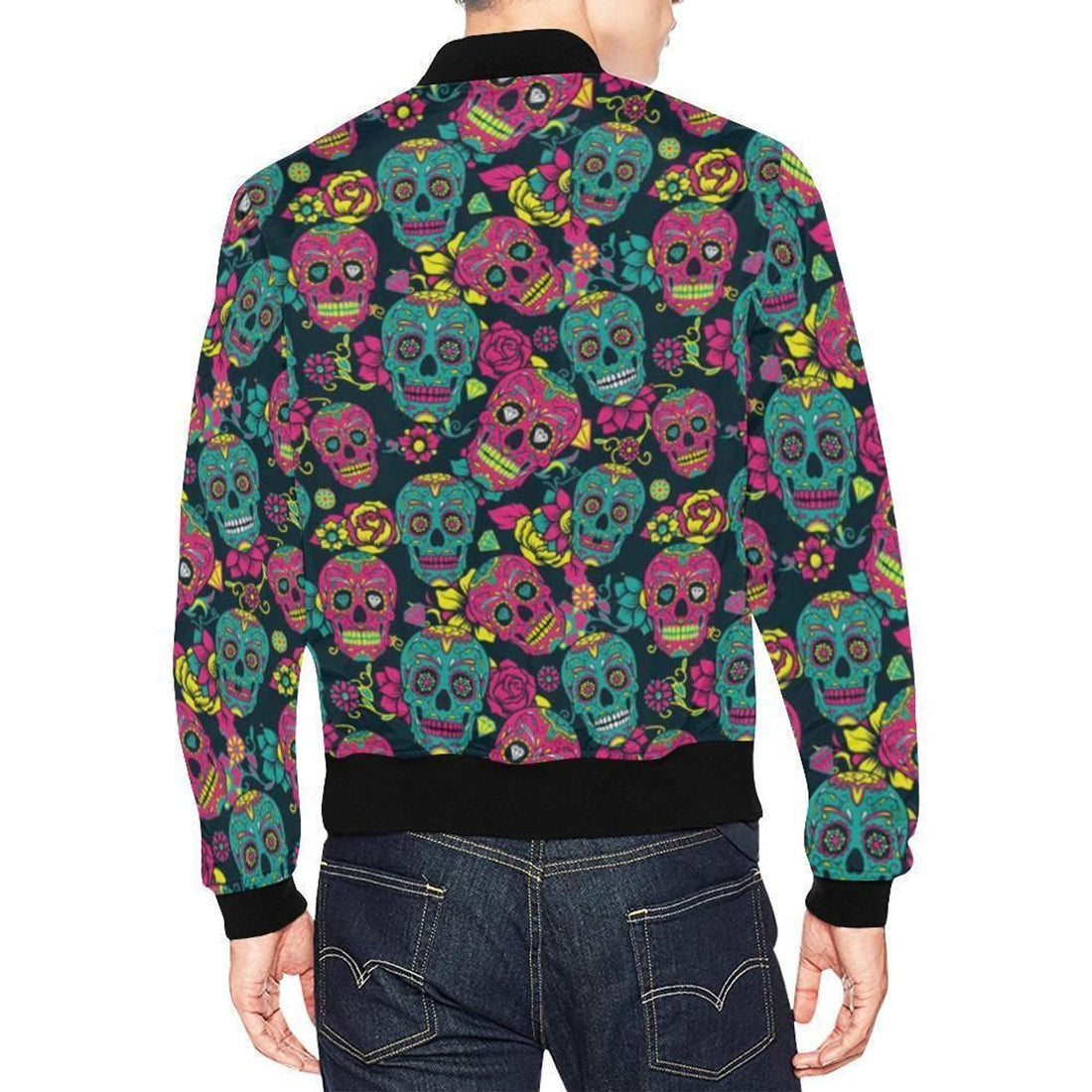 FUNSTUFFPRINT Sugar Skull Girly Skeleton Floral Pattern Print Mens 3D Bomber Jacket