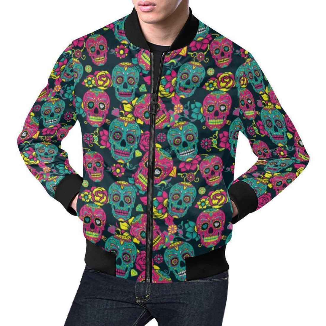 FUNSTUFFPRINT Sugar Skull Girly Skeleton Floral Pattern Print Mens 3D Bomber Jacket